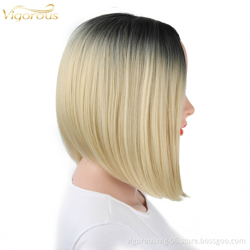 Ombre blonde short straight wavy hair vendor high quality premium wholesale synthetic heat resistant wig lace front black women